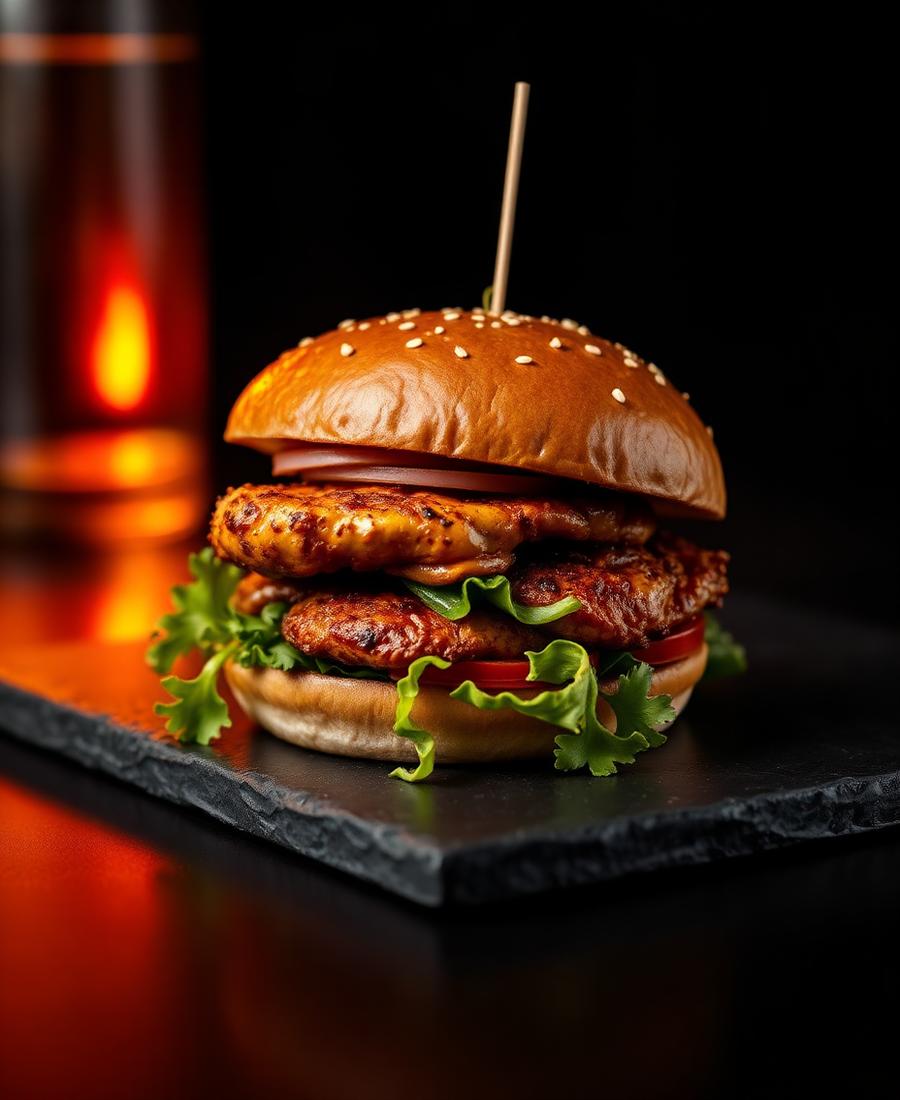 Peri peri chicken burger on slate